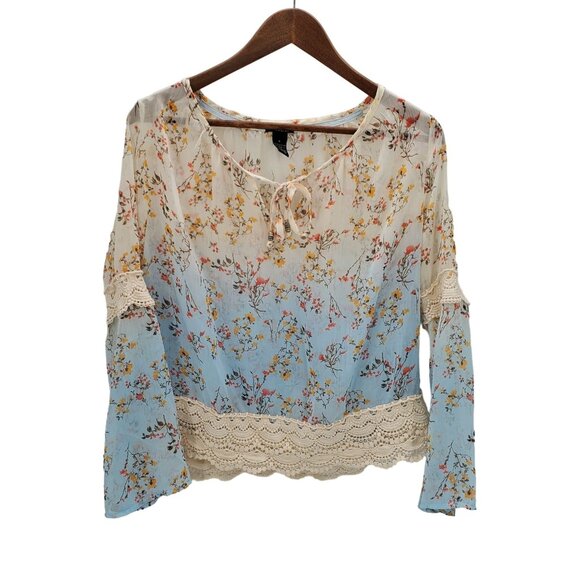 Rue21 Floral Crochet Boho Top S Sheer Long Sleeve Peasant Blouse Festival - Picture 3 of 16